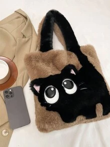 Fashion Cute Cat Pattern Shoulder Bag, Autumn Winter Plush Tote Bag, Cartoon Color Contrast Large Capacity Diagonal Crossbody Bag