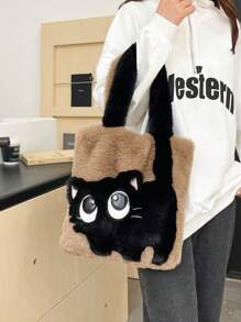 Fashion Cute Cat Pattern Shoulder Bag, Autumn Winter Plush Tote Bag, Cartoon Color Contrast Large Capacity Diagonal Crossbody Bag