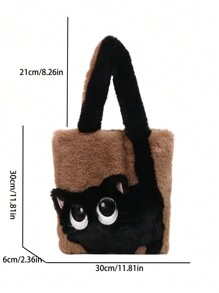 Fashion Cute Cat Pattern Shoulder Bag, Autumn Winter Plush Tote Bag, Cartoon Color Contrast Large Capacity Diagonal Crossbody Bag
