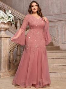 大码V领花卉蕾丝亮片拼接撞色网纱长袖鱼尾晚礼服，适合晚宴、情人节、婚礼宾客、舞会、生日、返校节、节日等场合。 - 藕粉色 - 查看 8