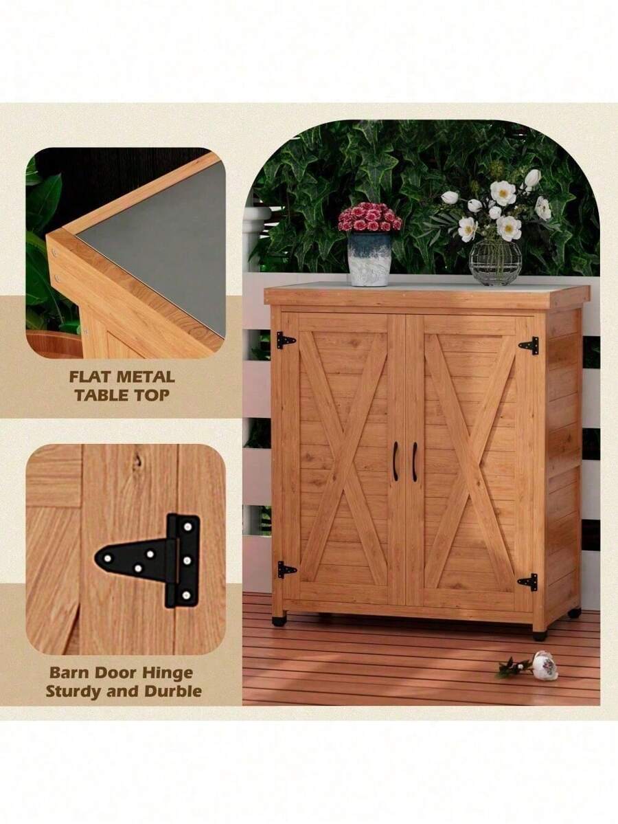 Potting Bench With Storage And Metal Table Top For Outdoor