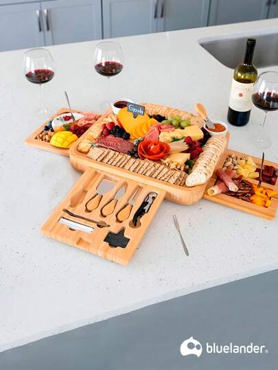 Juego de Tablas y Cuchillos para Quesos y Aperitivos, 39*34*4 cm, Tabla de Quesos de Madera, Ideal para cualquier tipo de celebración. Bluelander.