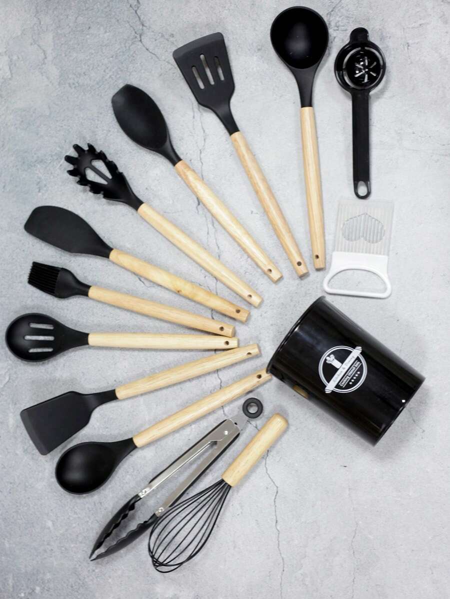 12pcs Silicone Cooking Utensils Set With Wood Handle And Storage Bucket