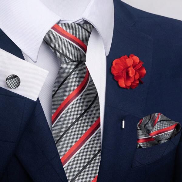 Conjunto de 4 peças/conjunto de lenços de bolso listrados de 8 cm masculinos com abotoaduras e alfinetes de flores, perfeito para festa de casamento