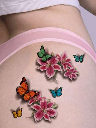 2 Sheets Big Size Body Art Temporary Tattoo Stickers For Women, Colorful 3D Butterfly Rose Flower Pattern, Waterproof Fake Tattoo, Lasts 2-5 Days, Covering Scars,Can Be Used On Arms Wrist Shoulders Legs Waist Neck Hand Chest Thighs