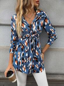 Áo sơ mi dài tay thắt eo họa tiết hoa toàn thân cho nữ, phù hợp cho mùa xuân và mùa thu - Màu xanh lam - Xem 4