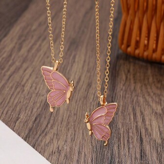 2pcs Cute Fashion Pink Butterfly Pendant Necklace, Couple & Best Friend Set