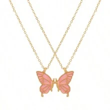 2pcs Cute Fashion Pink Butterfly Pendant Necklace, Couple & Best Friend Set - Dusty Pink - View 2