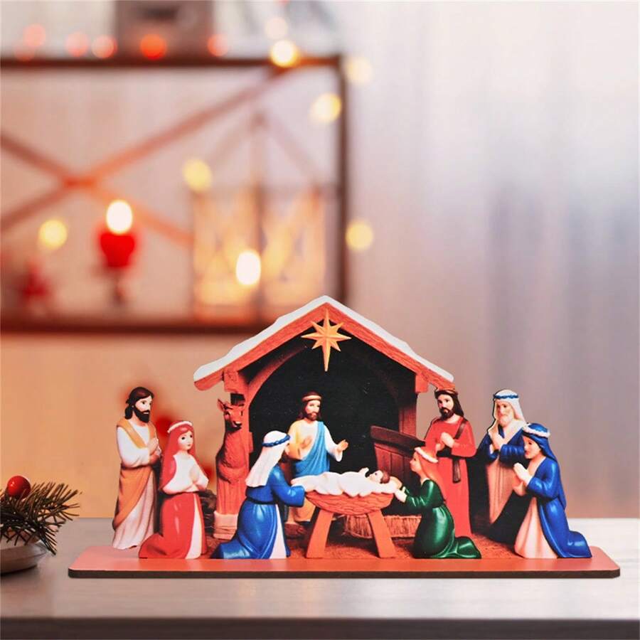 1PC Nativity Scene Wooden Standing Plaque Christian Home Decorations