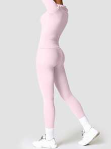 YEIFIN Conjunto de dos piezas de invierno para mujer, camiseta de manga larga lisa y leggings, conjunto de chándal, top deportivo de cuello redondo y pantalones ajustados para yoga, entrenamiento en el gimnasio, ropa deportiva de primavera/verano para mujer