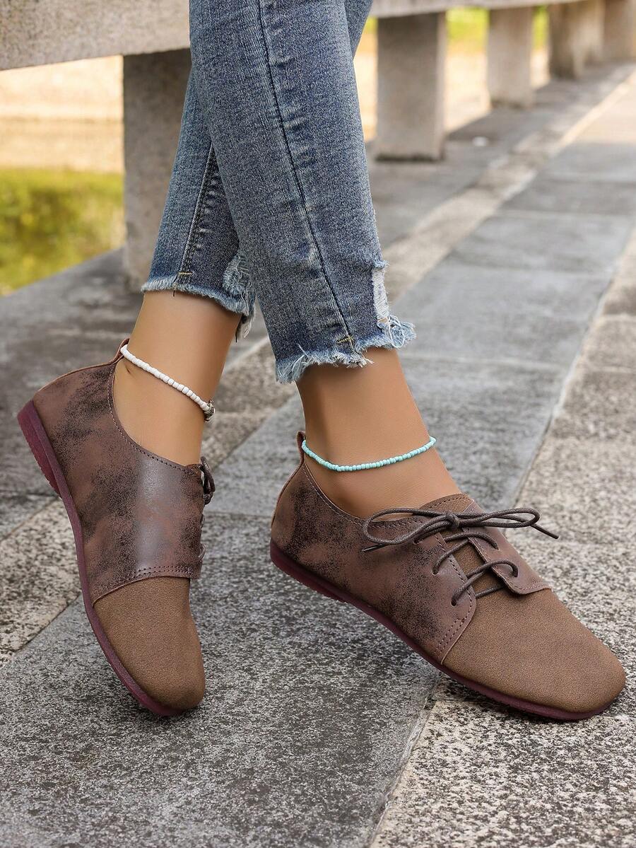 平底软底奶奶平底鞋春秋季新款复古圆头一脚蹬休闲乐福鞋适合妈妈，加大码百搭 - 棕色 - 查看 1