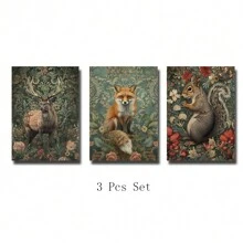 三件套威廉·莫里斯花卉植物主题复古艺术帆布海报，包含鹿、狐狸和松鼠图案，不含画框 - 彩色 - 查看 7