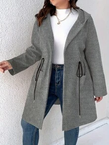 Plus Size Women Fashion Solid Color Drawstring Hooded Coat - Light Grey - View 1