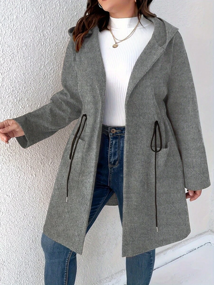Plus Size Women Fashion Solid Color Drawstring Hooded Coat - Light Grey - View 1