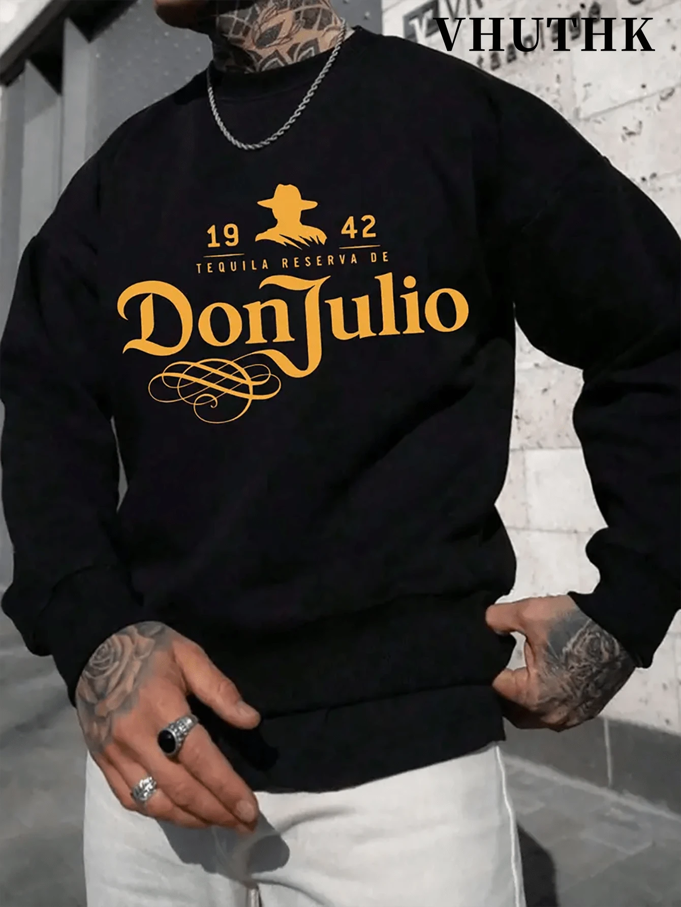 (250g Polyester Fiber Polyester)DonJulio Printed Fashionable Men's Casual Long Sleeved Round Neck Pullover Sweatshirt, Suitable For Outdoor Sports, Suitable For Autumn And Winter - màu đen - Xem 1