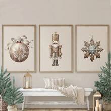 Set Of 3 Unframed Christmas Ornaments Nutcracker Nordic Art Retro Poster Xmas Festival Rustic Canvas Painting Print Farmhouse Decor Wall Picture For Dorm,Apartment,Living Room,Bedroom,Modern Home Decoration