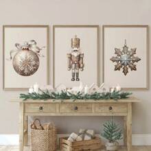Set Of 3 Unframed Christmas Ornaments Nutcracker Nordic Art Retro Poster Xmas Festival Rustic Canvas Painting Print Farmhouse Decor Wall Picture For Dorm,Apartment,Living Room,Bedroom,Modern Home Decoration