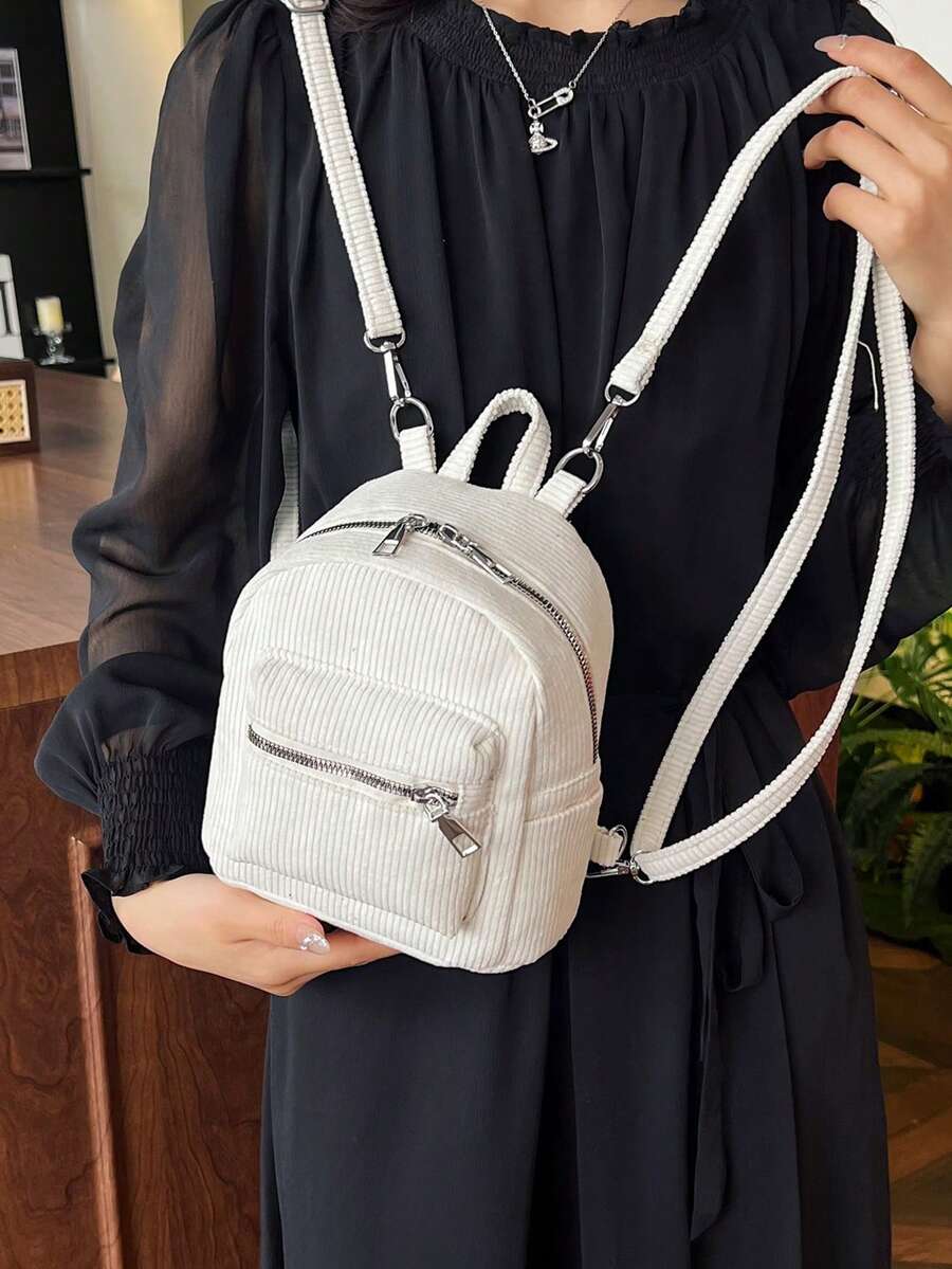 Casual Solid Color Corduroy Women Mini Backpack, Zipper Closure