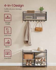 VASAGLE Hall Tree With Shoe Bench, Coat Rack Shoe Bench Set, Entryway Furniture, Multifunctional, 12 Metal Hooks, 4-Tier Shoe Rack, For Entryway, Bedroom - Grey - View 2