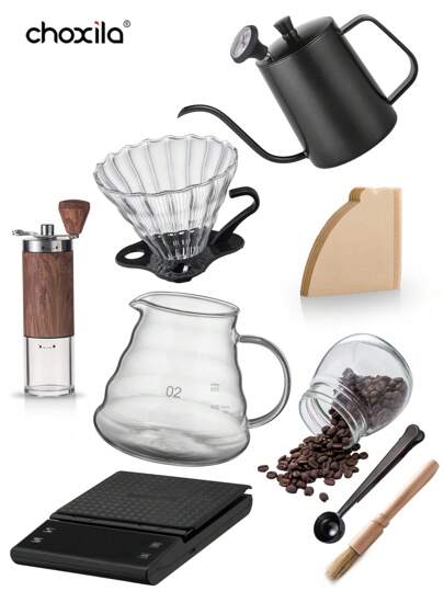 choxila 3/4/5/6/7/8/9/10/11件套手冲咖啡套装，便携式咖啡礼盒，旅行咖啡配件，600毫升大容量咖啡壶及温度计，O2玻璃咖啡壶及V02滴滤器，手动磨豆机，咖啡勺，咖啡秤，玻璃咖啡罐，磨豆机清洁刷，100张咖啡滤纸，送给家人、朋友或作为返校礼物的绝佳选择