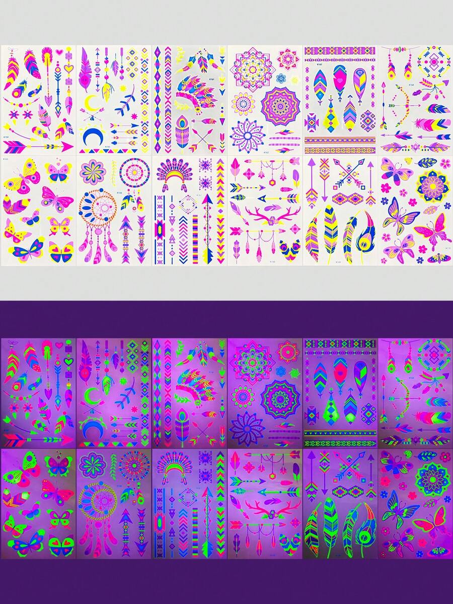 12 Sheets Neon Glow Temporary Tattoos, Blacklight Body Art Stickers, UV