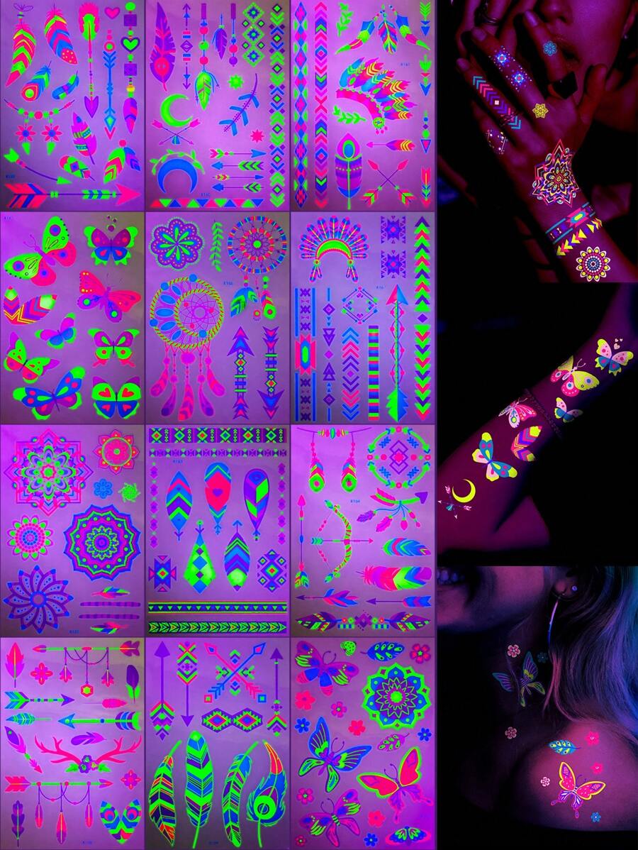 12 Sheets Neon Glow Temporary Tattoos, Blacklight Body Art Stickers, UV