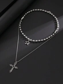 2pcs/Set Men's Punk Style Star Cross Pendant Necklace - Silver - View 3