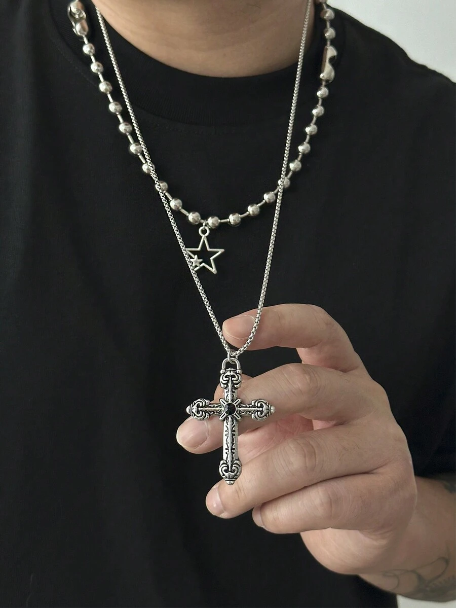 2pcs/Set Men's Punk Style Star Cross Pendant Necklace - Silver - View 1