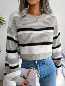 Blusa de cuello redondo de manga larga con rayas, estilo minimalista casual para mujer - Gris - Ver 4