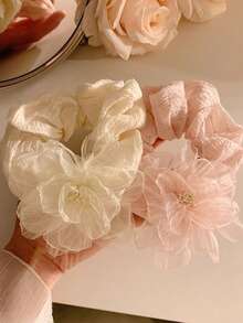 1 dây buộc tóc hoa trà, dây buộc tóc đuôi ngựa bằng vải organza mềm mại, phụ kiện tóc cỡ lớn có phụ kiện trang trí bên hông - Nhiều màu - Xem 2