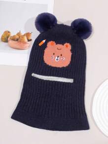 1 pièce Capuchon d'oreilles en tricot épais, chaud et coupe-vent pour l'hiver, avec broderie de personnage de dessin animé mignon et double pompon, pour fille