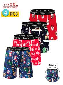 4 条装男士长款平角短裤，个性化圣诞印花舒适透气男士运动三角裤
