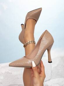 女士杏色高跟鞋，仿蛇纹图案，时尚穆勒鞋，尖头细跟高跟鞋，正式礼服鞋，婚礼派对活动度假优雅超高跟鞋，优雅 - 杏色 - 查看 4