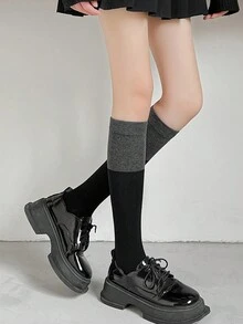 1 双女士黑灰色拼接及膝袜，时尚中长袜，潮流单品学院风，适合日常穿着 - 常規款 - 查看 8