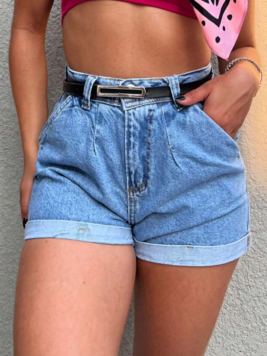 The Lemon 8150 With Black Belt Women's Denim Shorts Plain Without Rips Natural Youth Denim Shorts Women's 8150 With Belt - 中等水洗藍 - 查看 1