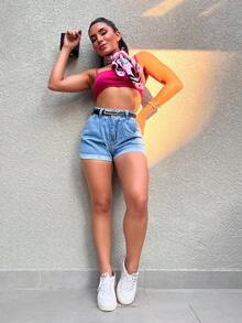 The Lemon 8150 With Black Belt Women's Denim Shorts Plain Without Rips Natural Youth Denim Shorts Women's 8150 With Belt - 中等水洗藍 - 查看 3