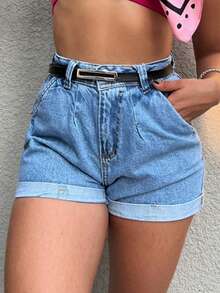The Lemon 8150 With Black Belt Women's Denim Shorts Plain Without Rips Natural Youth Denim Shorts Women's 8150 With Belt - 中等水洗藍 - 查看 4