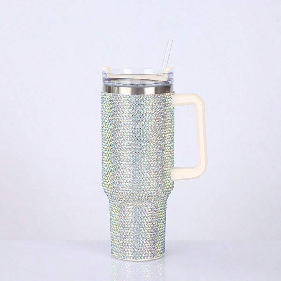 40oz Tumbler With Studded Handle With Lid And Straw Double Wall Stainless Steel Insulated Travel Water Mug For Women (40oz, 1200ml, )Leopard Rhinestone Bling Diamond Mug With Handle, Insulated Tumbler, Shiny Stainless Steel Coffee Tumbler, - 彩色 - 查看 1