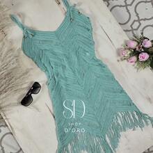 Beach Cover-Up With Fringes And Ocean Waves - Dusty Blue - View 1