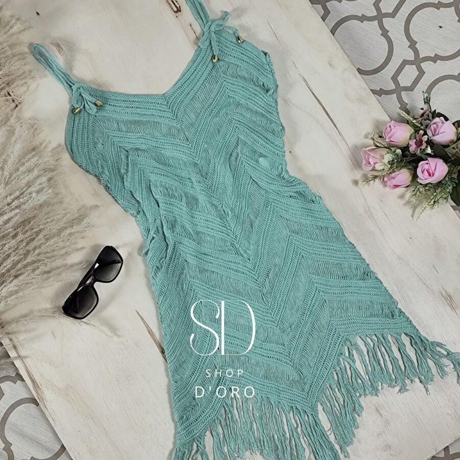 Beach Cover-Up With Fringes And Ocean Waves - Dusty Blue - View 1