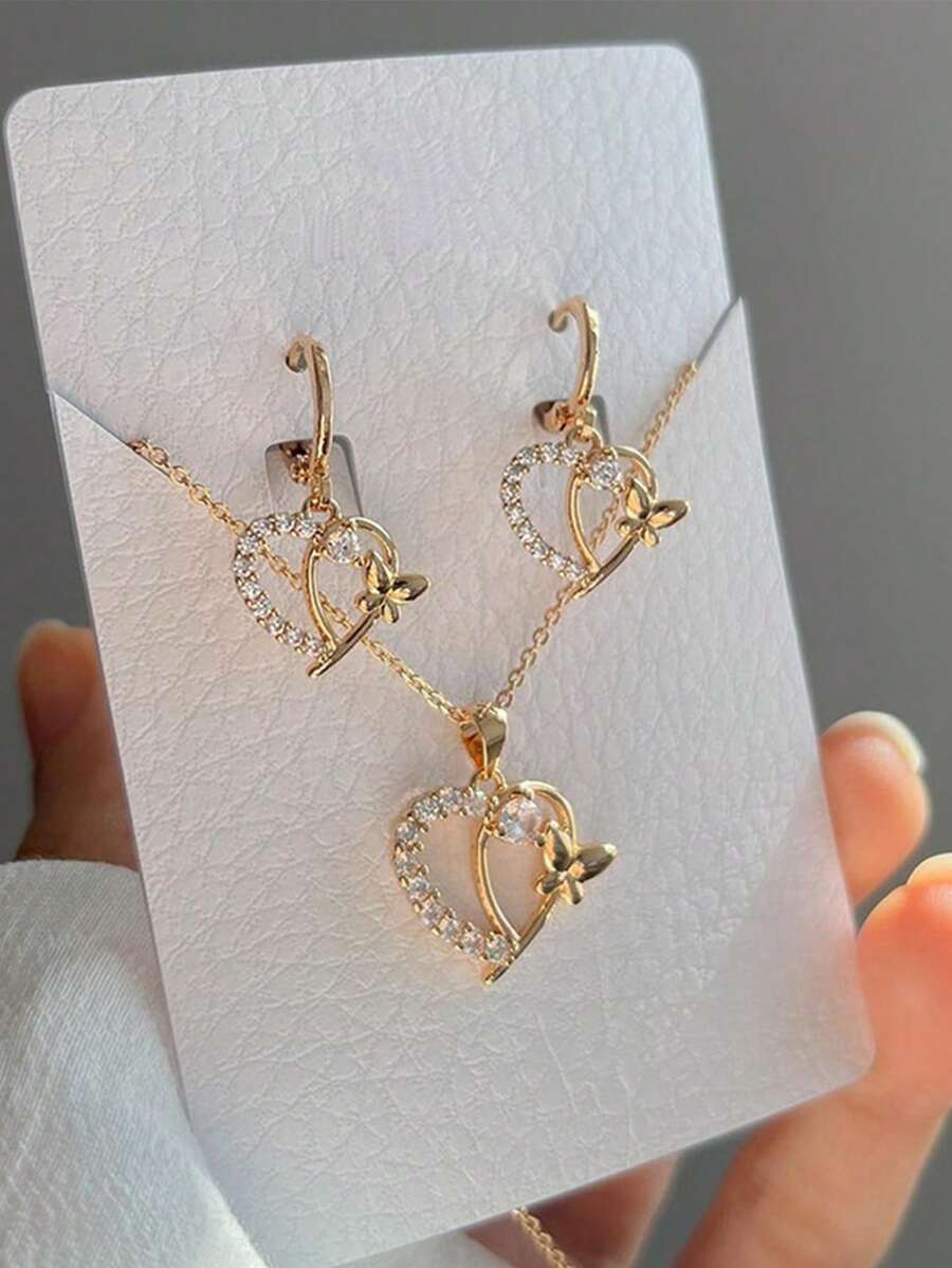 Bộ trang sức nổ Everything Alloy Butterfly Pendant Necklace Fashion Diamond Heart Stud Earrings Set Women - Nhiều màu - Xem 1