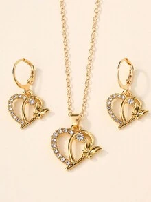 Bộ trang sức nổ Everything Alloy Butterfly Pendant Necklace Fashion Diamond Heart Stud Earrings Set Women - Nhiều màu - Xem 2