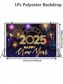 1 件 100*150 厘米新年快乐庆祝背景横幅，彩色烟花和倒计时时钟风格涤纶吊旗背景布，适用于 2025 年新年派对家庭房间家庭活动照片展位节日墙壁背景装饰，新年礼物，花园庭院装饰花园旗帜 - 新年煙火 - 查看 3