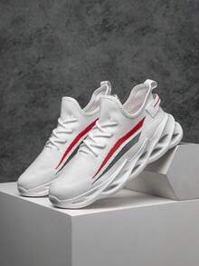 男士时尚拼色条纹网眼舒适透气系带运动鞋，户外减震镂空底灵活休闲跑步鞋 - 白色 - 查看 5