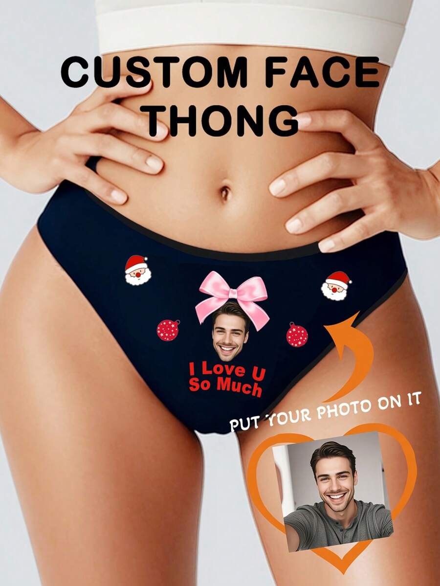 1pc Christmas Customized Boyfriend/Husband Portrait & Christmas Candy Cane English Letter Print Women Sexy Funny Thong Panties, Holiday Gift, Elastic Cheeky Low Rise Briefs - Black - View 1