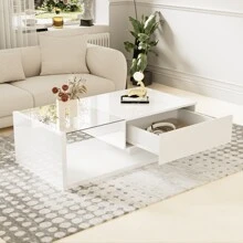 Coffee Table, High-Gloss Black. Side Tables, Coffee Tables With Glass And LED - White - View 5
