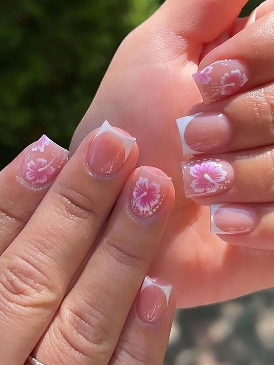 24Pcs Small Square Nails, Creative And Elegant Blooming Flowers Fake Nails, Detachable Full Hat Fake Nails Sticker. Press On Nails Nail Supplies Nails - Multicolor - View 1