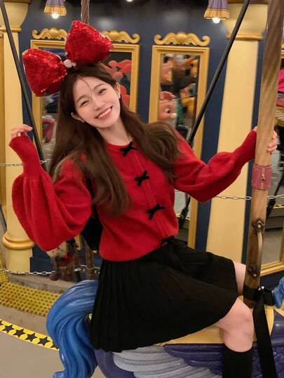 女士纯色泡泡袖开衫，饰有蝴蝶结，长袖针织毛衣，适合圣诞节和日常穿着，秋冬季