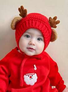 1pc Cute Deer Horn Baby Knitted Warm Earflap Windproof Winter Cap, Christmas Gift For Infants