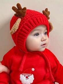 1pc Cute Deer Horn Baby Knitted Warm Earflap Windproof Winter Cap, Christmas Gift For Infants